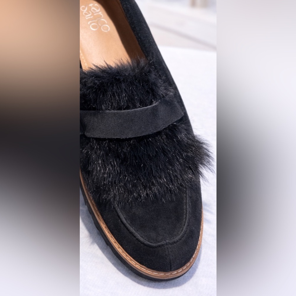 Franco Sarto Black Suede Faux Fur Loafers Slip on Flats-NWOT - Picture 4 of 5